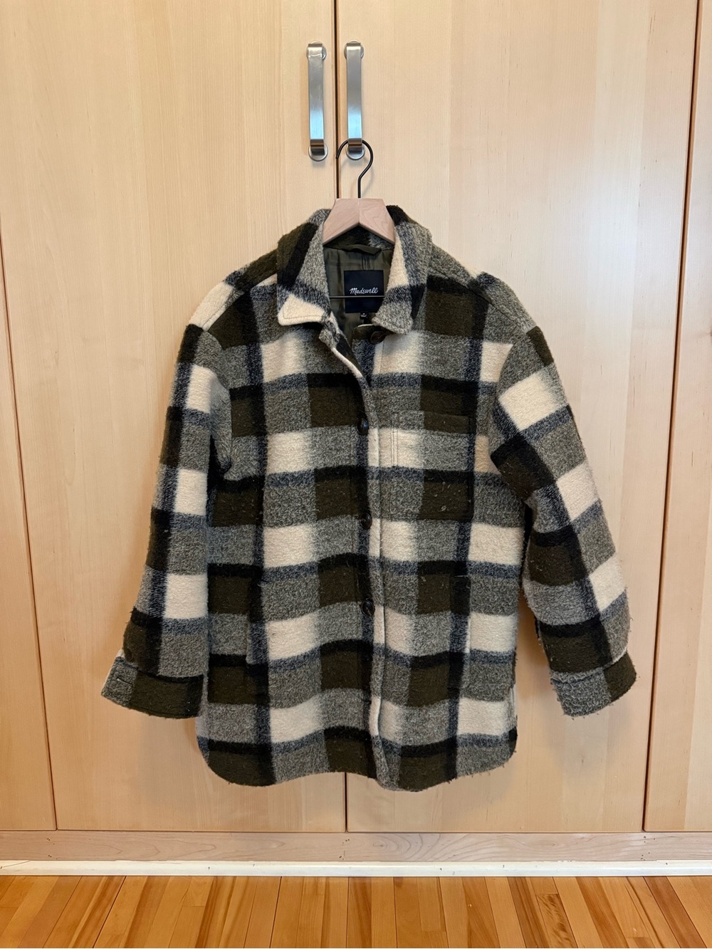 Madewell Plaid Sherpa Shacket in Olive & Cream - Picture 5 of 7